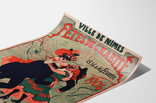 Wintage plakat Nîmes, imprezy charytatywne, pokazany na lekko zagiętej kartce, widok w perspektywie.
