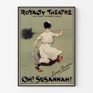 Plakat vintage Oh! Susannah!, Royalty Theatre, oprawiony w cienką ramę na jasnej ścianie.