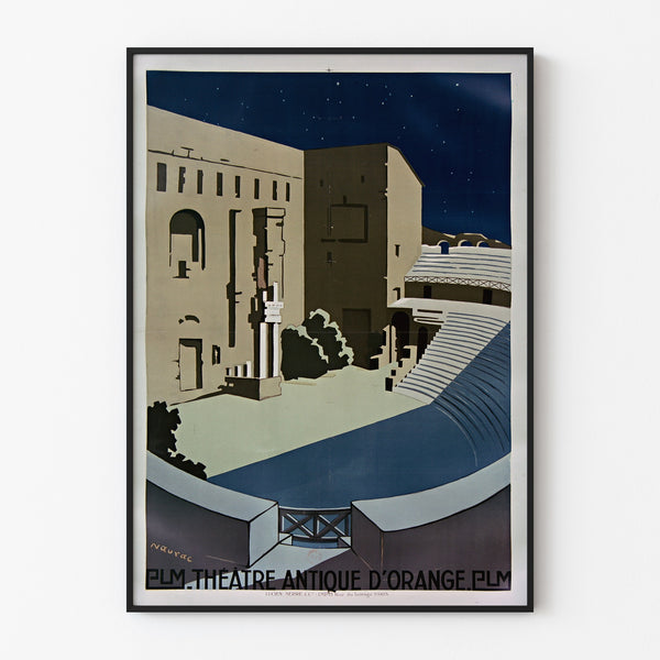 Vintage plakat Orange, teatr antyczny P.L.M., w cienkiej ramie na jasnej ścianie.
