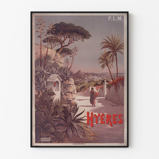 Vintage plakat P. L. M. Hyères, w cienkiej ramie na jasnej ścianie.