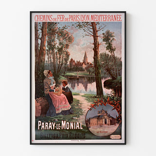 Wintage plakat Paray-le-Monial, pociąg, w cienkiej ramie na jasnej ścianie.
