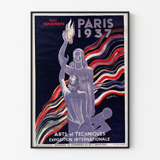Vintage plakat Paryż 1937, Sztuka i technika, w cienkiej ramie na jasnej ścianie.
