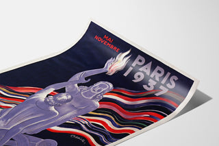 Vintage plakat Paryż 1937, Sztuka i technika, pokazany na zakrzywionej karcie, widok w perspektywie.