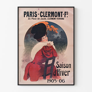 Plakat vintage Paris-Clermont, sezon zimowy, w cienkiej ramie na jasnej ścianie.