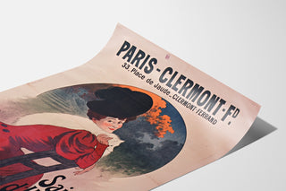 Plakat vintage Paris-Clermont, sezon zimowy, pokazany na zagiętej kartce, widok w perspektywie.