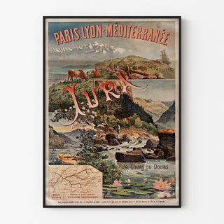 Wintage plakat Paris Lyon Méditerranée, Jura, w cienkiej ramie na jasnej ścianie.