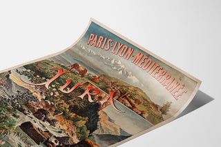 Wintage plakat Paris Lyon Méditerranée, Jura, na zakrzywionej kartce, widok w perspektywie.