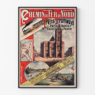 Plakat vintage Paris, Saint-Denis, trains tramways, oprawiony w cienką ramę na jasnej ścianie.