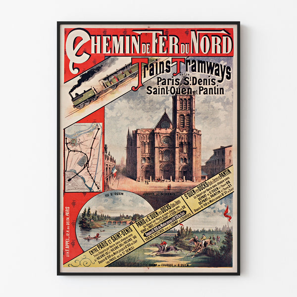 Plakat vintage Paris, Saint-Denis, trains tramways, oprawiony w cienką ramę na jasnej ścianie.