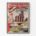 Plakat vintage Paris, Saint-Denis, trains tramways, oprawiony w cienką ramę na jasnej ścianie.