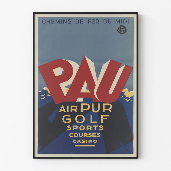 Plakat vintage Pau, golf i sporty, w cienkiej ramie na jasnej ścianie.
