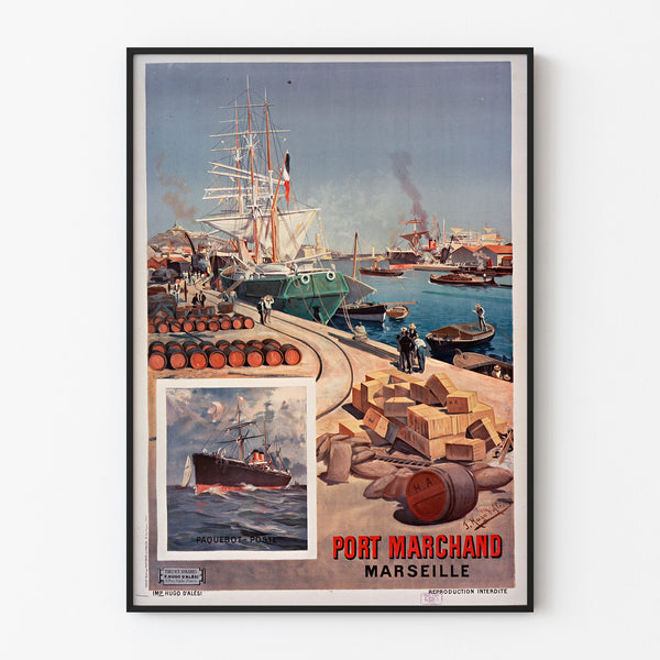 Plakat vintage Port marchand. Marseille, w cienkiej ramie na jasnej ścianie.