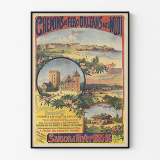 Plakat vintage Pireneje i Gaskonia, sezon zimowy, w cienkiej ramie na jasnej ścianie.