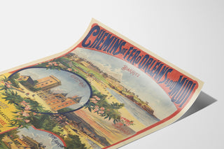 Plakat vintage Pireneje i Gaskonia, sezon zimowy, pokazany na zagiętej kartce, widok perspektywiczny.