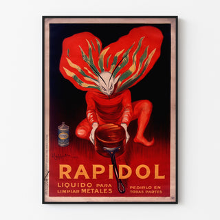 Wintage plakat Rapidol, w wąskiej ramie na jasnej ścianie.