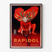 Wintage plakat Rapidol, w wąskiej ramie na jasnej ścianie.
