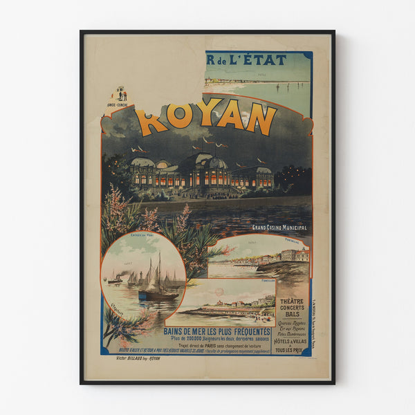 Vintage plakat Royan, Grand Casino municipal, w cienkiej ramie na jasnej ścianie.