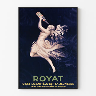 Plakat vintage Royat, santé i młodość, w cienkiej ramie na jasnej ścianie.