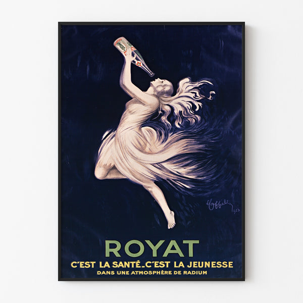 Plakat vintage Royat, santé i młodość, w cienkiej ramie na jasnej ścianie.