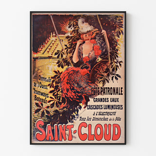 Plakat vintage Saint-Cloud, fête patronale, oprawiony w cienką ramę na jasnej ścianie.