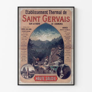 Plakat vintage Saint-Gervais, uzdrowisko, w cienkiej ramie na jasnej ścianie.