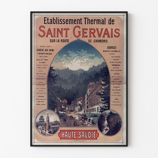 Plakat vintage Saint-Gervais, uzdrowisko, w cienkiej ramie na jasnej ścianie.