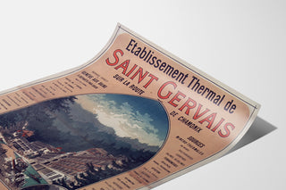 Plakat vintage Saint-Gervais, uzdrowisko, pokazany na zaokrąglonej kartce, widok w perspektywie.