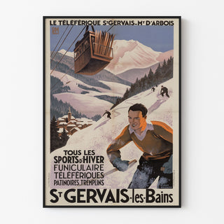 Plakat vintage Saint-Gervais, Mont-d’Arbois, w cienkiej ramie na jasnej ścianie.