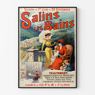 Wintage plakat Salins les Bains (Jura), w cienkiej ramie na jasnej ścianie.