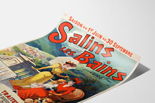 Wydruk plakatowy vintage Salins les Bains (Jura), pokazany na wygiętej kartce, widok perspektywiczny.