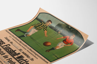 Plakat vintage Sarreguemines, mecz piłki nożnej, na lekko zaokrąglonym arkuszu, widok z perspektywy.