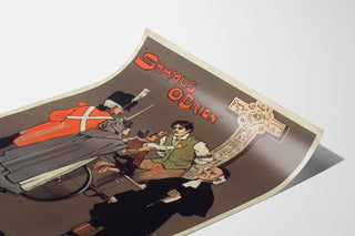 Plakat vintage Shamus O’Brien, Opera Comique, na zakrzywionej kartce, widok w perspektywie.