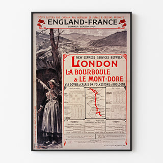 Plakat vintage South Eastern, England-France, w cienkiej ramie na jasnej ścianie.