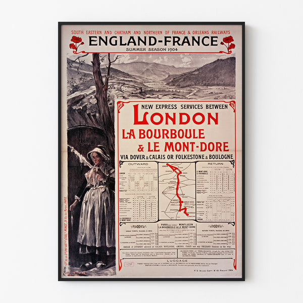 Plakat vintage South Eastern, England-France, w cienkiej ramie na jasnej ścianie.