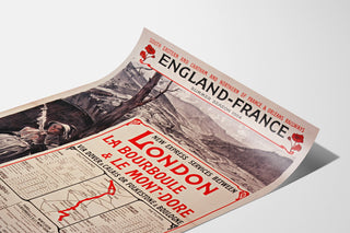 Plakat vintage South Eastern, England-France, pokazany na zagiętej kartce, widok w perspektywie.