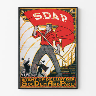 Plakat vintage Stemt SDAP, wybory, w cienkiej ramie na jasnej ścianie.