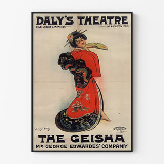 Plakat vintage The Geisha, Daly’s Theatre, w cienkiej ramie na jasnej ścianie.