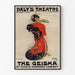 Plakat vintage The Geisha, Daly’s Theatre, w cienkiej ramie na jasnej ścianie.