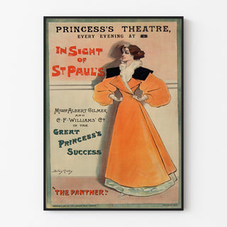 Plakat vintage The Panther, Princess’s Theatre, w cienkiej ramie na jasnej ścianie.