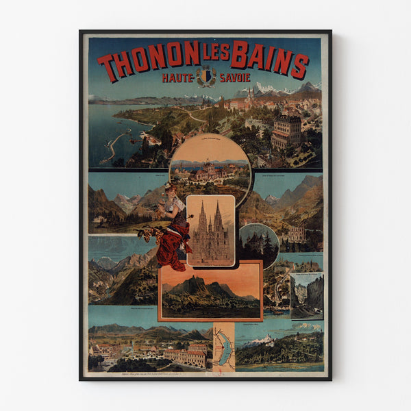 Plakat vintage Thonon-les-Bains, w cienkiej ramie na jasnej ścianie.