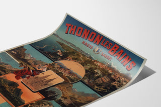 Plakat vintage Thonon-les-Bains, pokazany na zaokrąglonej kartce, widok w perspektywie.