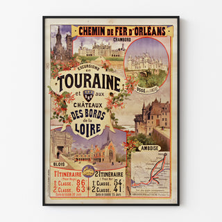 Wydruk plakatowy vintage Touraine, zamki nad Loarą, w cienkiej ramie na jasnej ścianie.