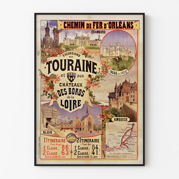 Wydruk plakatowy vintage Touraine, zamki nad Loarą, w cienkiej ramie na jasnej ścianie.