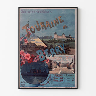 Wydruk plakatowy vintage Touraine i Berry, zamki, w cienkiej ramie na jasnej ścianie.