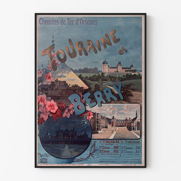 Wydruk plakatowy vintage Touraine i Berry, zamki, w cienkiej ramie na jasnej ścianie.
