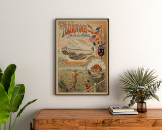Wydruk plakatowy vintage Touraine, ogród Francji, oprawiony nad drewnianą komodą, między roślinami.