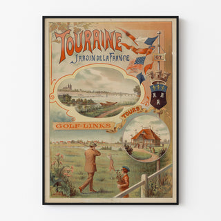 Wydruk plakatowy vintage Touraine, ogród Francji, w cienkiej ramie na jasnej ścianie.