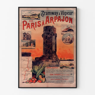 Plakat vintage Tramway Paris-Arpajon, oprawiony w cienką ramę na jasnej ścianie.