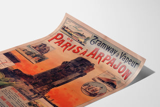 Plakat vintage Tramway Paris-Arpajon, przedstawiony na lekko zagiętej kartce, widok perspektywiczny.