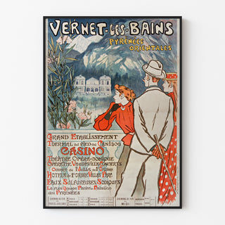 Plakat vintage Vernet-les-Bains, Canigou, w cienkiej ramie na jasnej ścianie.